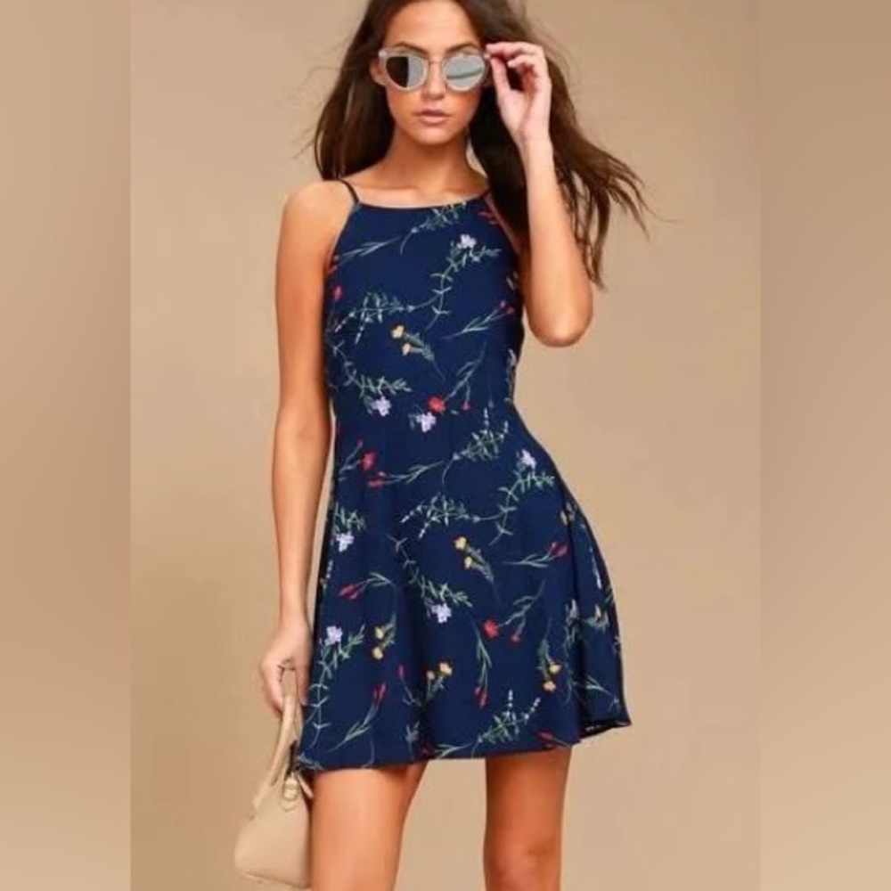Flower of the Flock Navy Blue Floral Print Skater Dress